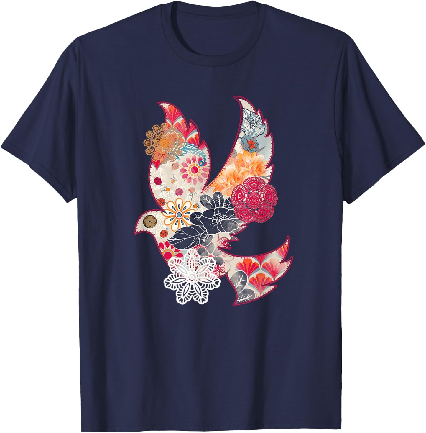 Beautiful Dove Bird Flying Floral Flower Pattern Artwork T-Shirt - T-Shirt | Navy