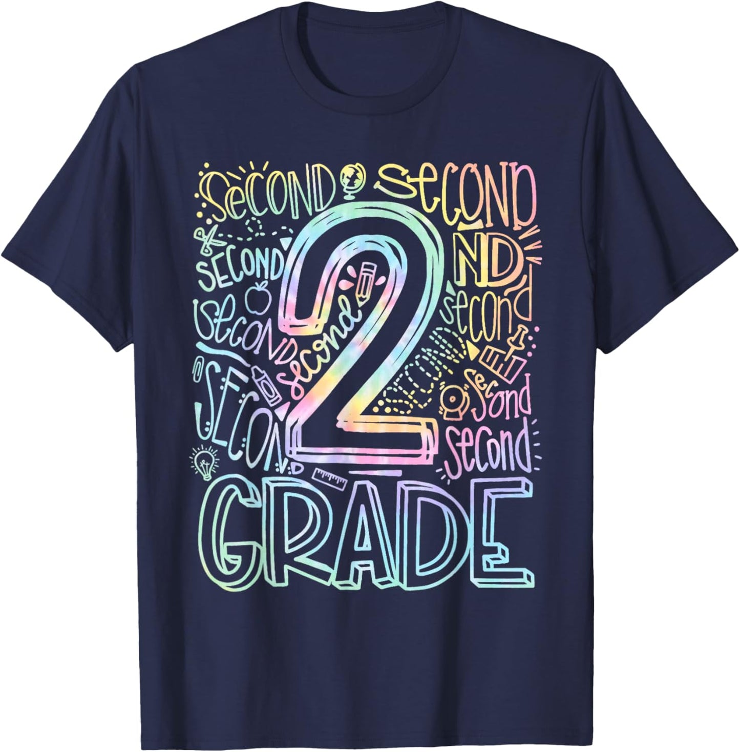 Tie Dye 2nd Grade Typography Team Second Grade Teacher Gift T-Shirt - T-Shirt | Navy
