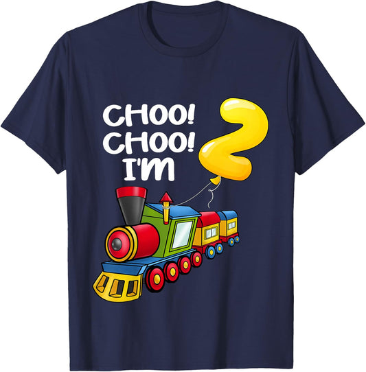 Kids Choo Choo I'm 2 Years Old Locomotive Boys Train 2nd Birthday T-Shirt - T-Shirt | Navy