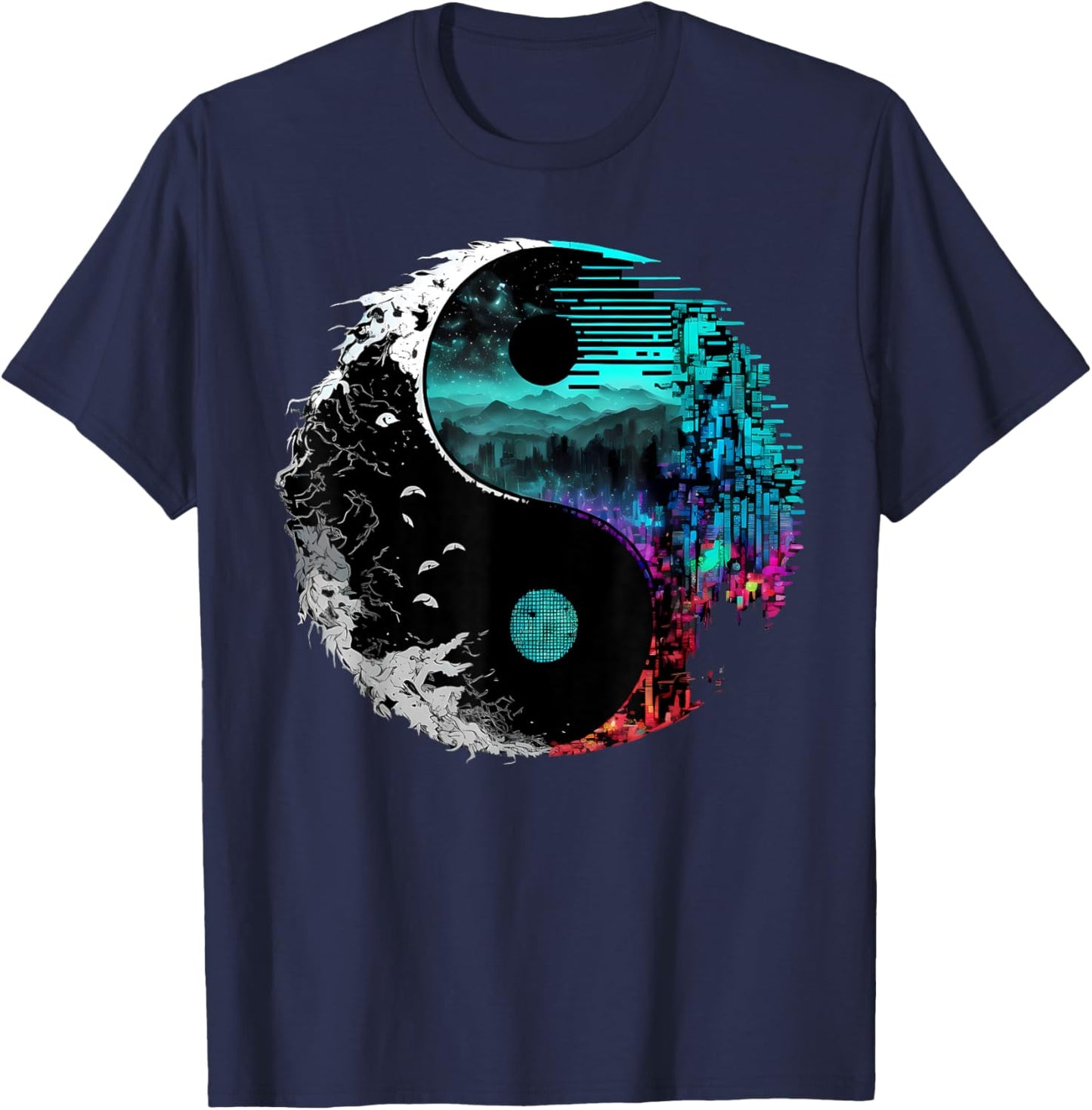 Harmonious Glitch Yin Yang - Black, -Adults, Small T-Shirt - T-Shirt | Navy