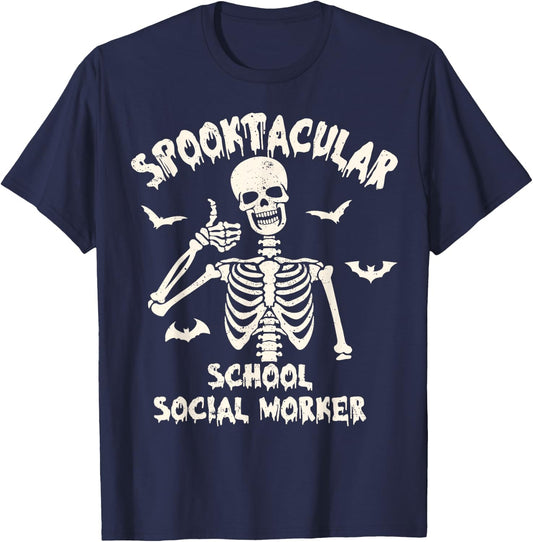 Spooktacular School Social Worker Funny Skeleton Halloween T-Shirt - T-Shirt | Navy