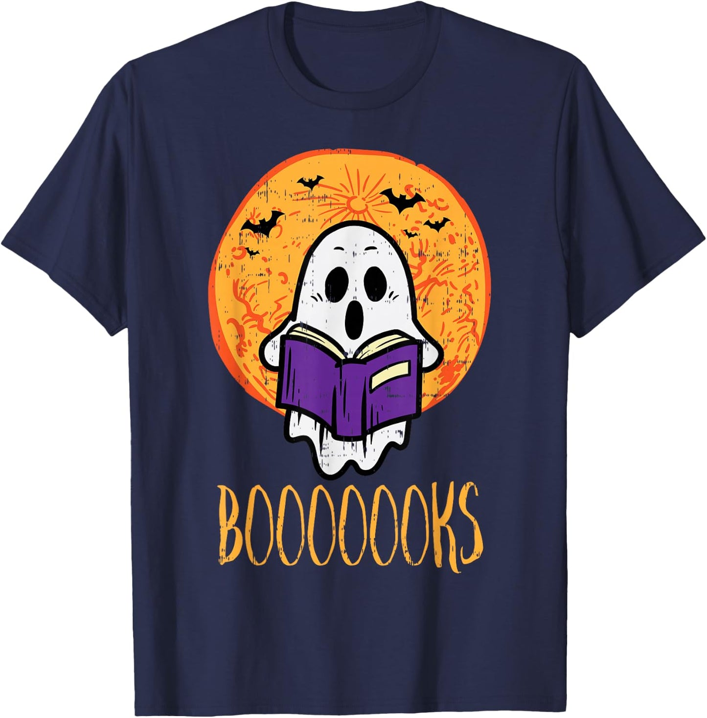 Boooks Moon Ghost Reading Halloween Bookworm Librarian Book T-Shirt - T-Shirt | Navy
