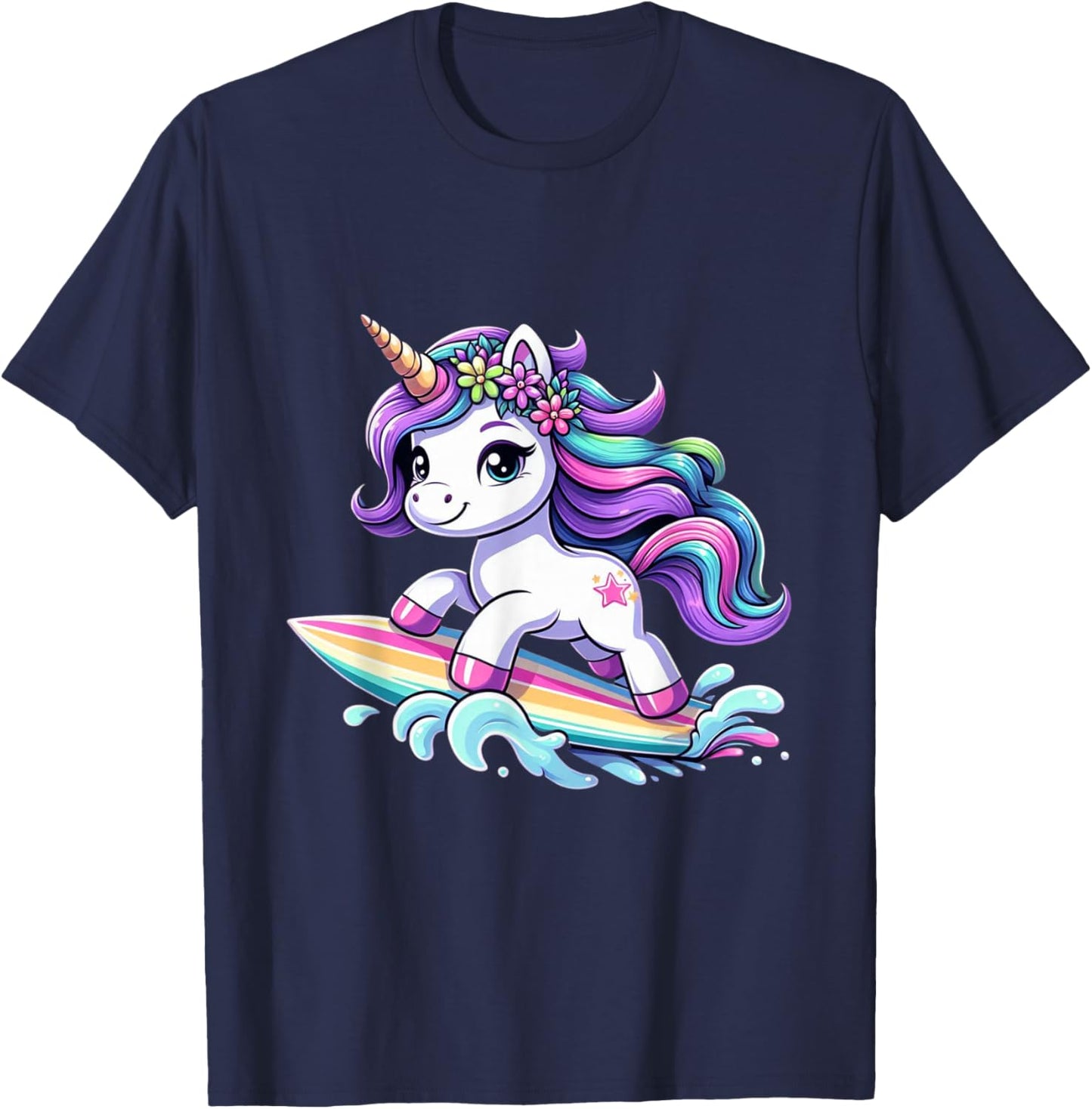 Unicorn Riding Surfboard Boys Girls Women Kids Teens Rainbow T-Shirt - T-Shirt | Navy