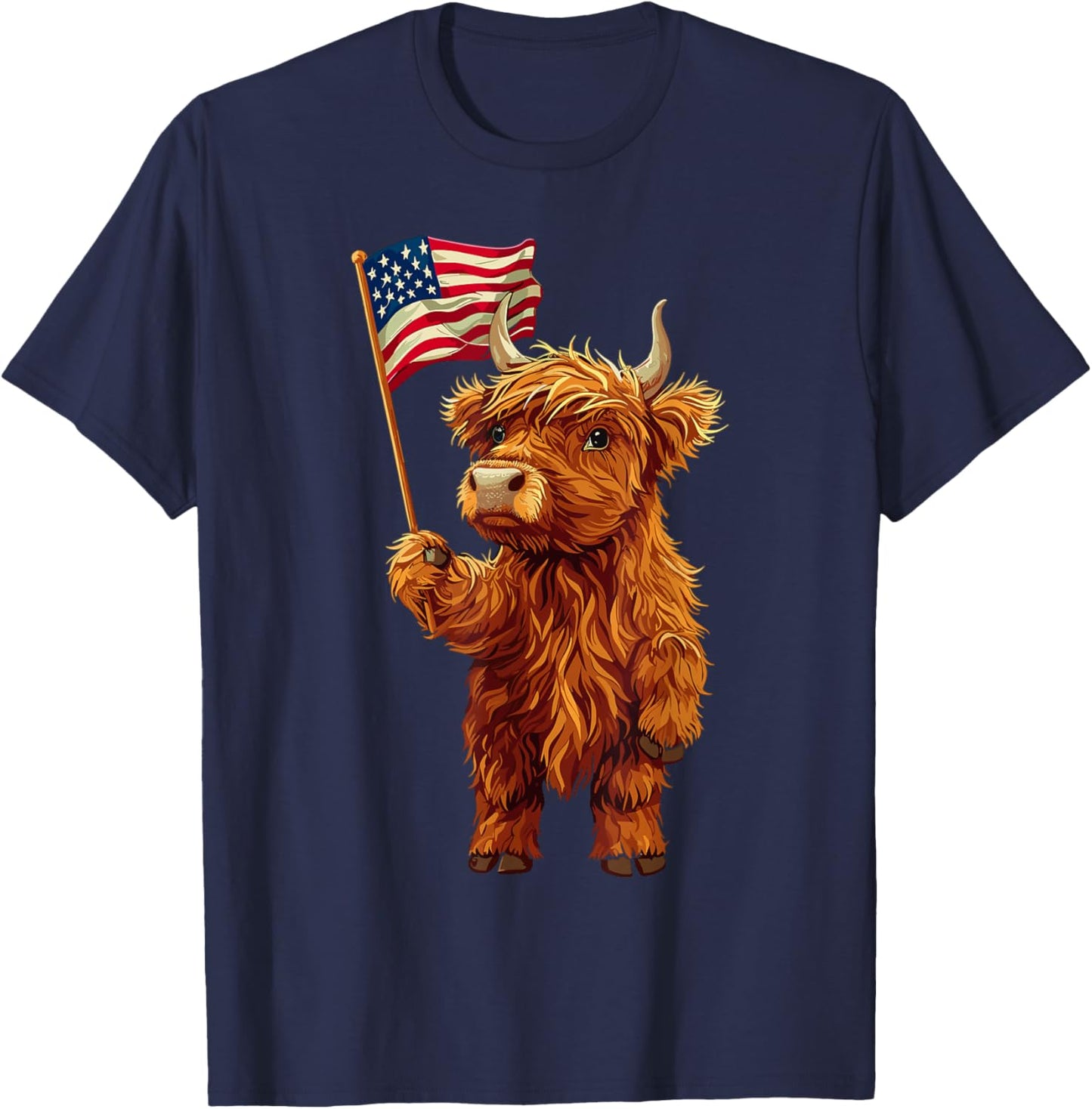 Highland Cow Patriotic Farmer 4th Of July USA American Flag Men T-Shirt - T-Shirt | Navy