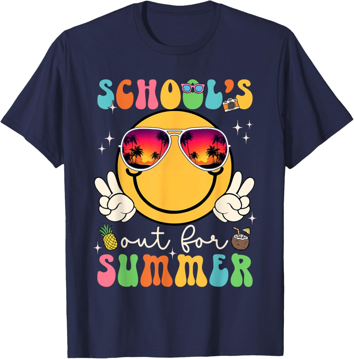 School's Out For Summer Teacher Last Day Of School Groovy T-Shirt - T-Shirt | Navy