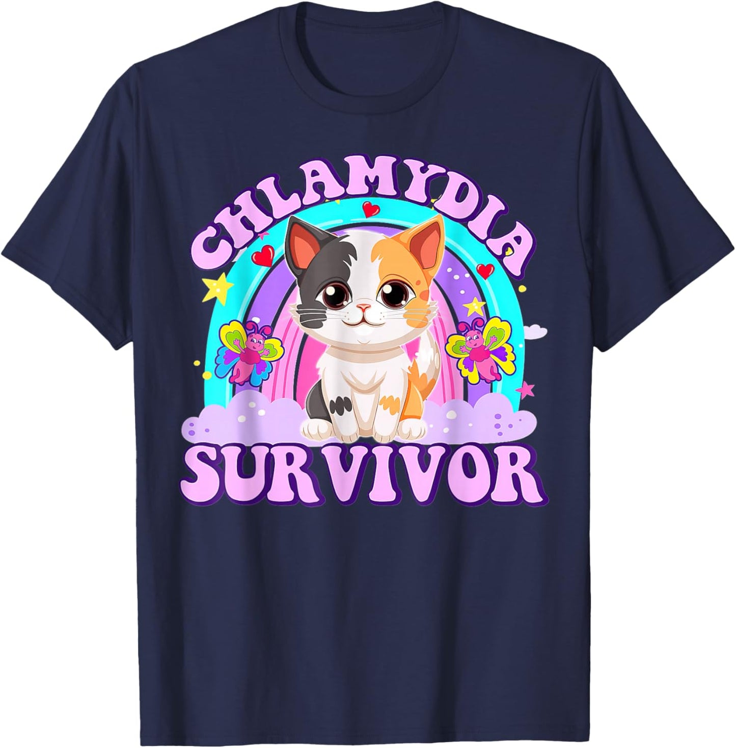 Chlamydia Survivor Cat Rainbow T-Shirt - T-Shirt | Navy