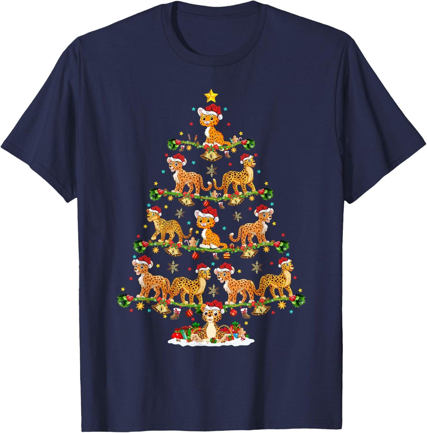 Cheetah Lover Lights Xmas Santa Cheetah Christmas Tree T-Shirt - T-Shirt | Navy