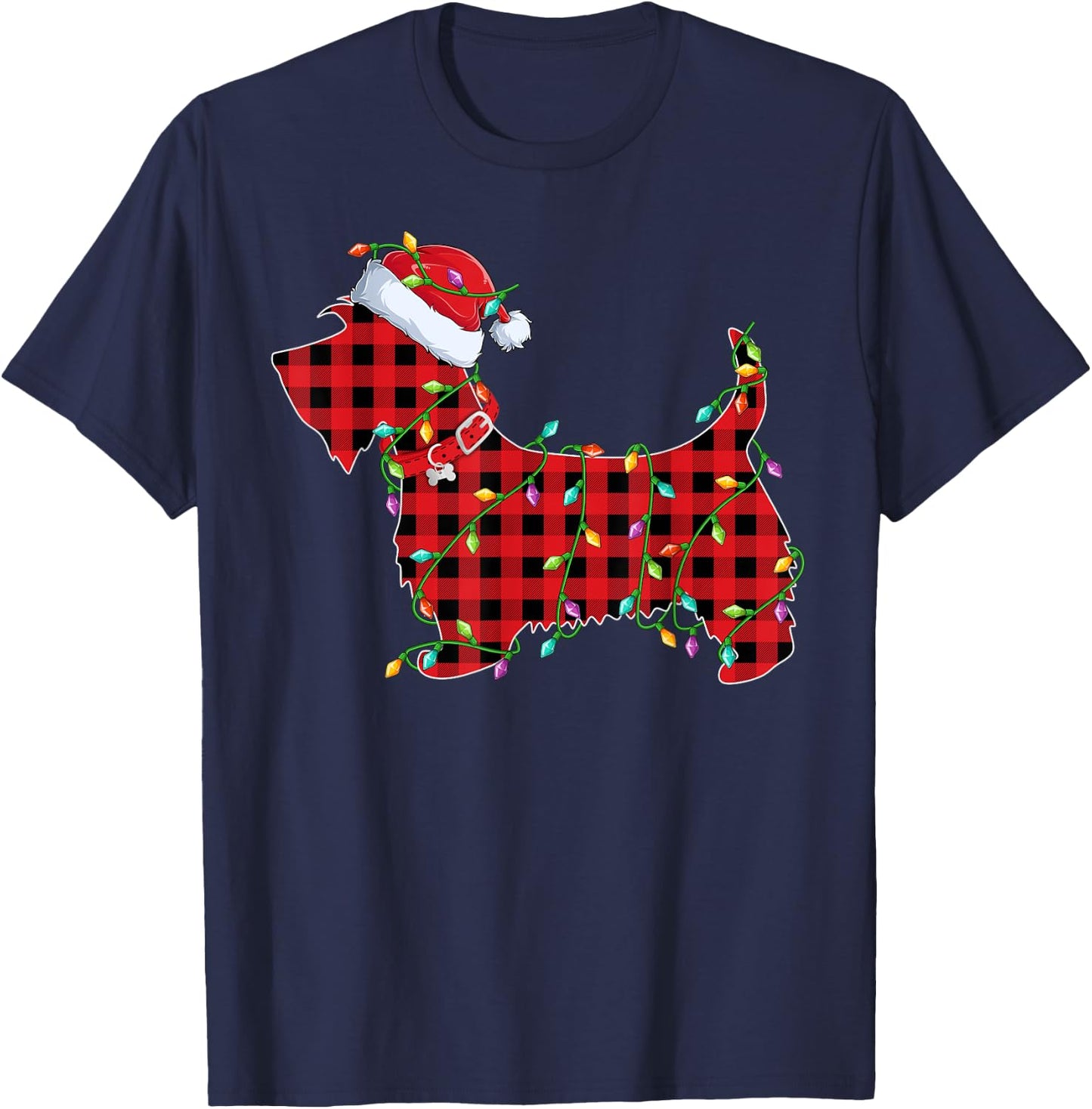 Xmas Lighting Matching Buffalo Plaid Scottie Dog Christmas T-Shirt - T-Shirt | Navy