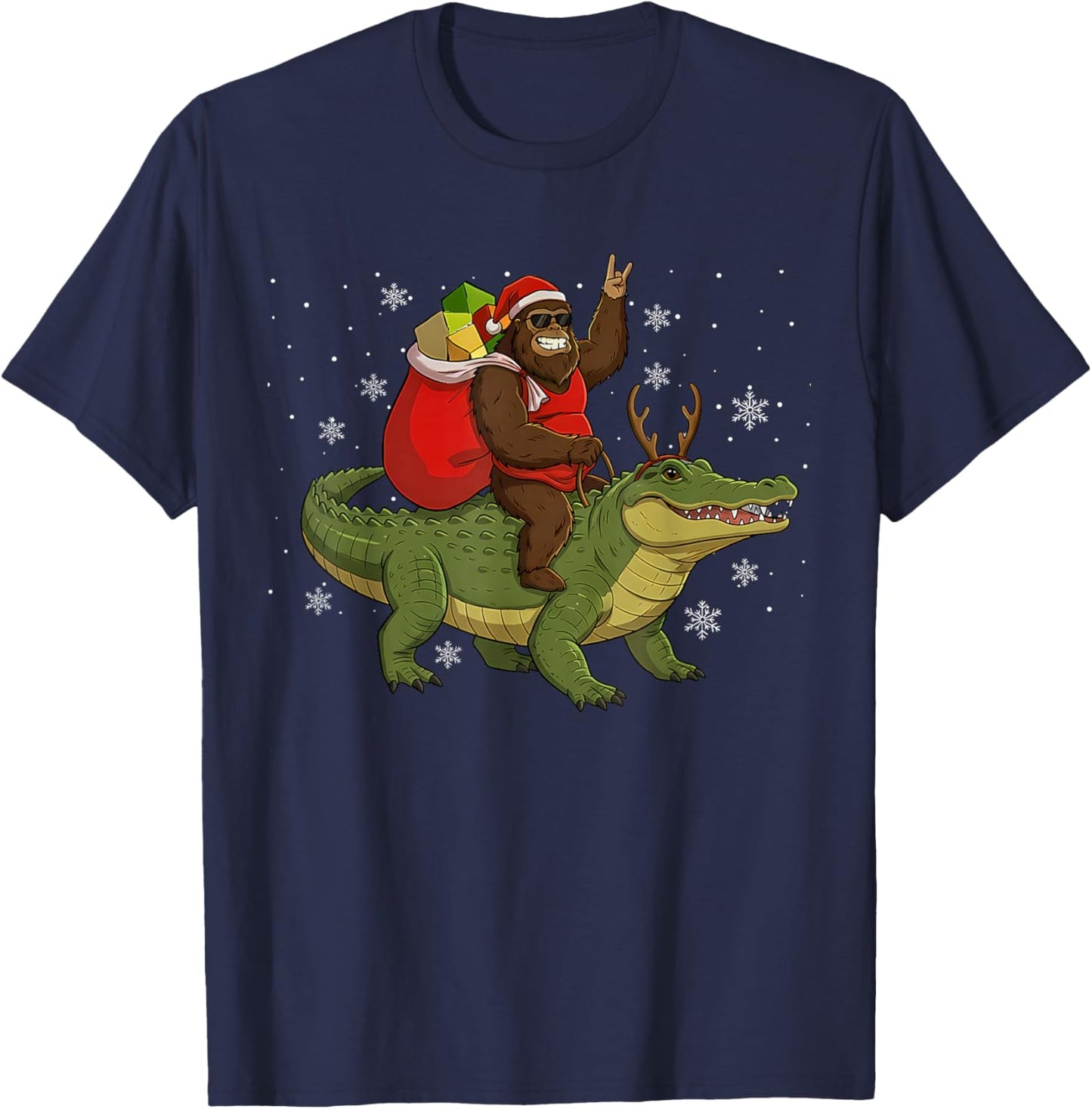 Bigfoot Riding Alligator Deer Xmas Alligator Christmas T-Shirt - T-Shirt | Navy