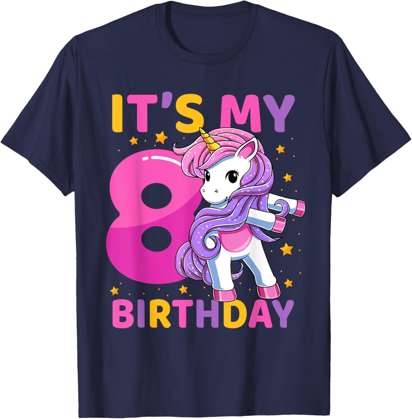 8 Years Old Unicorn Flossing 8th Birthday Party Girls Kids T-Shirt - T-Shirt | Navy