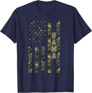 Bama Alabama United States Distressed Camo w US Flag T-Shirt - T-Shirt | Navy