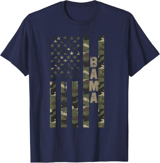 Bama Alabama United States Distressed Camo w US Flag T-Shirt - T-Shirt | Navy
