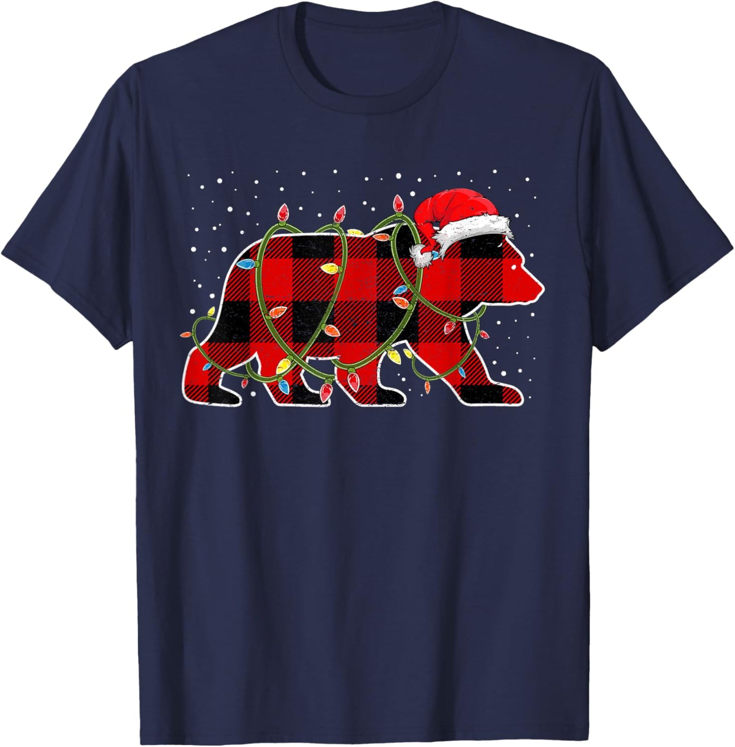 Red Buffalo Plaid Christmas Tree Light Bear Pajama Sweater T-Shirt - T-Shirt | Navy