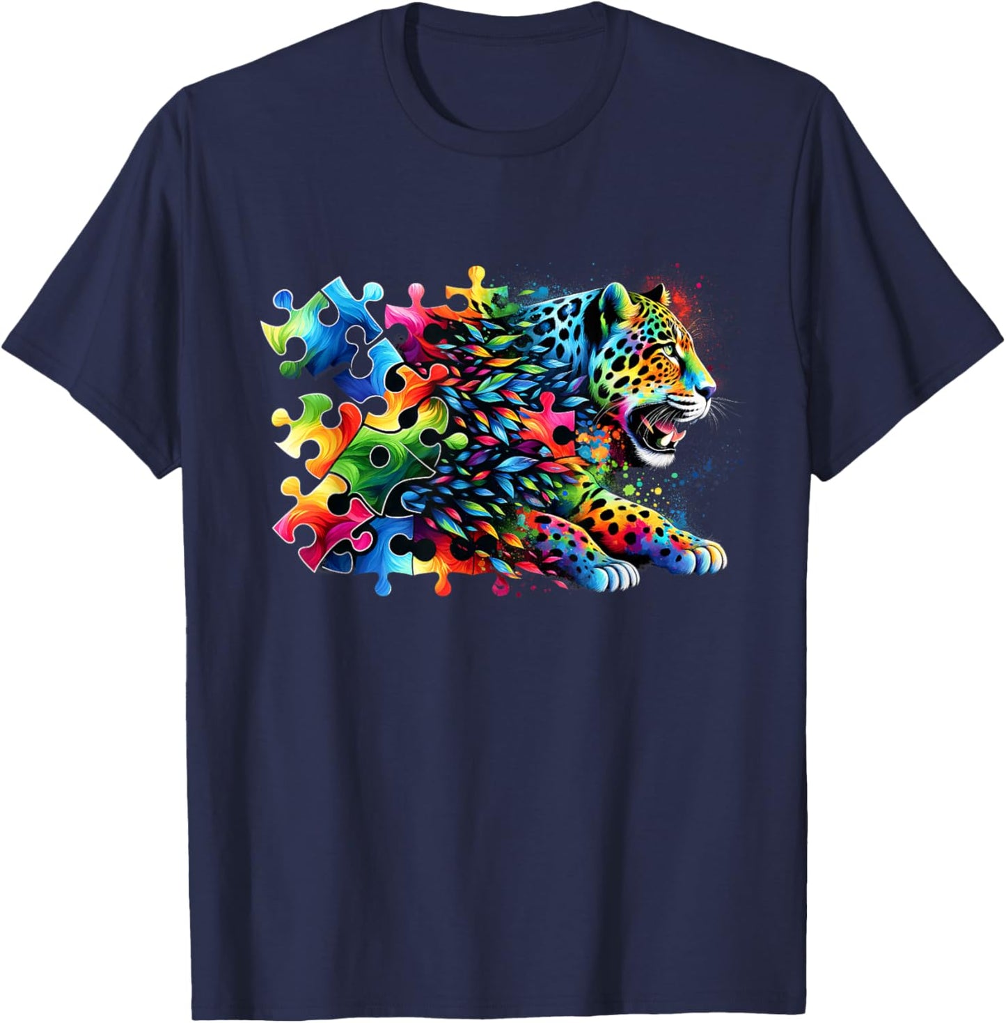 Jaguar Autism Awareness Month Autistic Colorful T-Shirt - T-Shirt | Navy