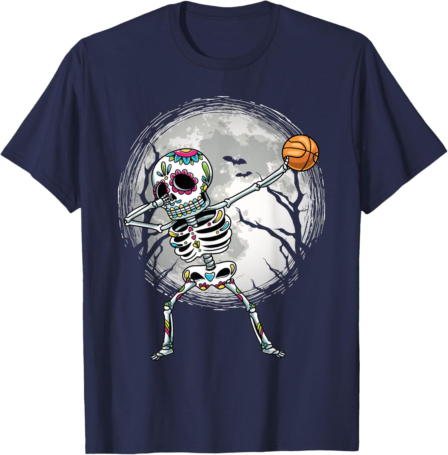 Dabbing Sugar Skull Skeleton Basketball Dia De Los Muertos T-Shirt - T-Shirt | Navy