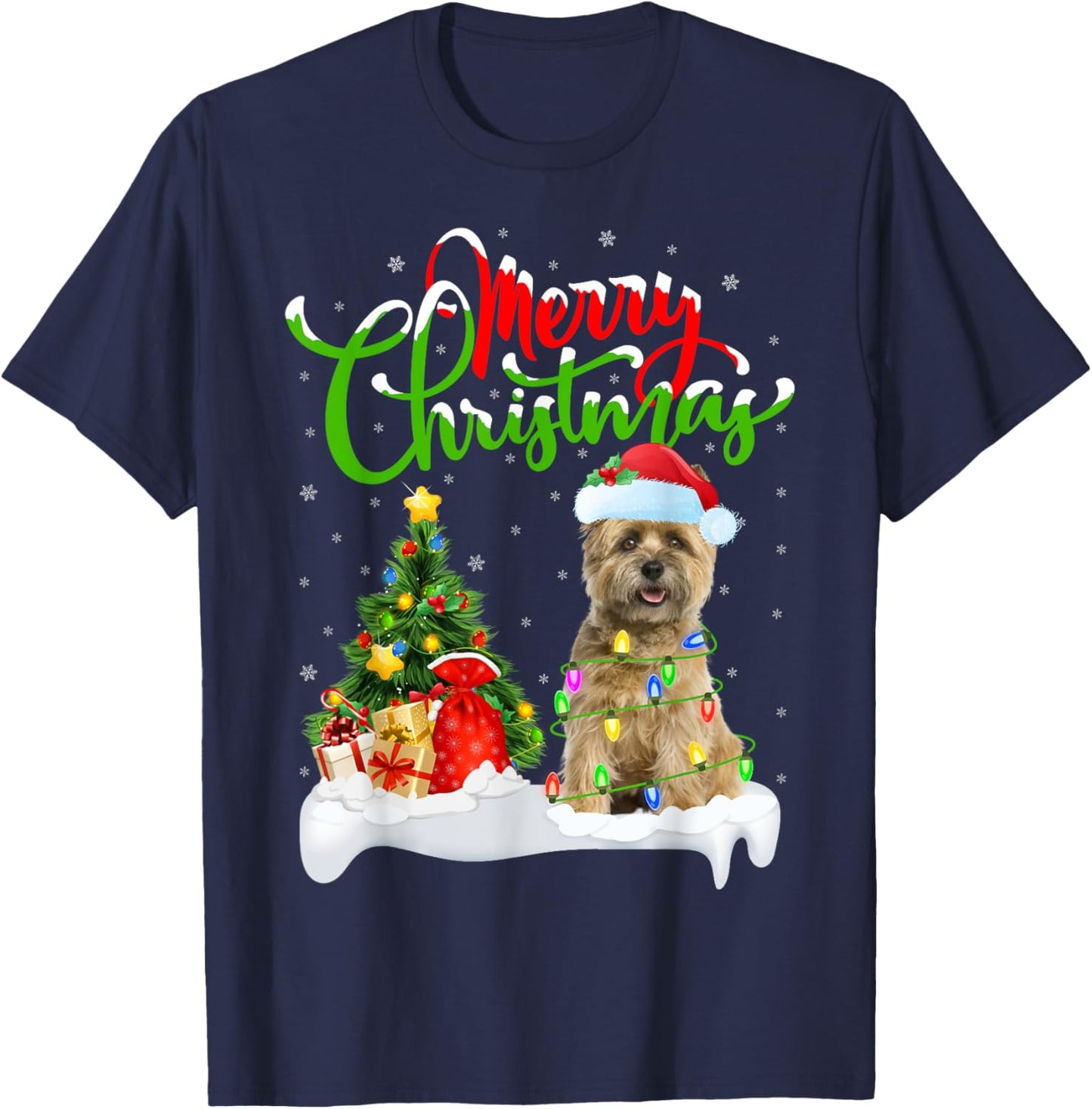 Xmas Tree Lights Santa Hat Cairn Terrier Dog Christmas Women Kids T-Shirt - T-Shirt | Navy