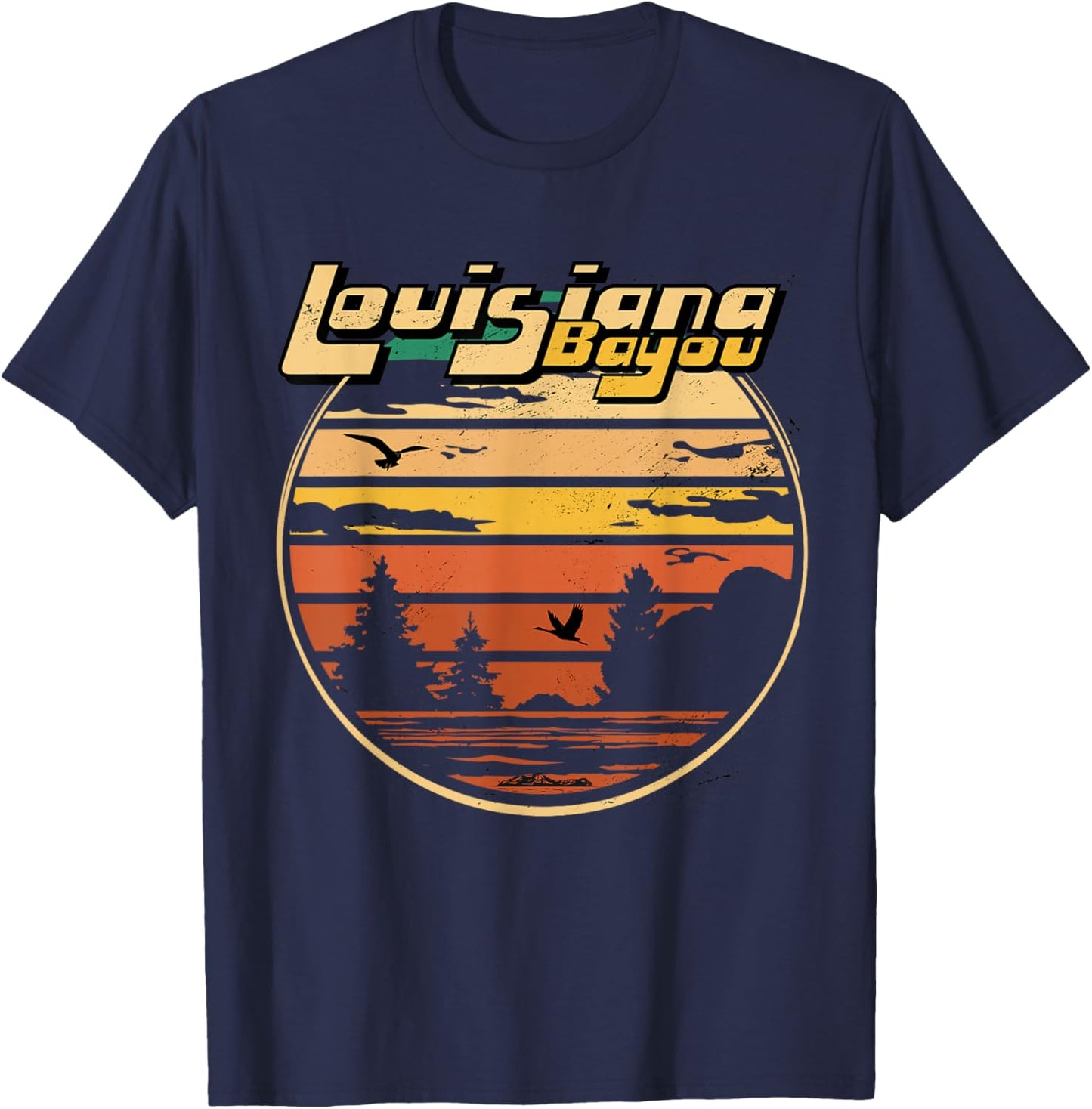 Louisiana Bayou Retro Vintage Distressed Swamp Landscape T-Shirt - T-Shirt | Navy