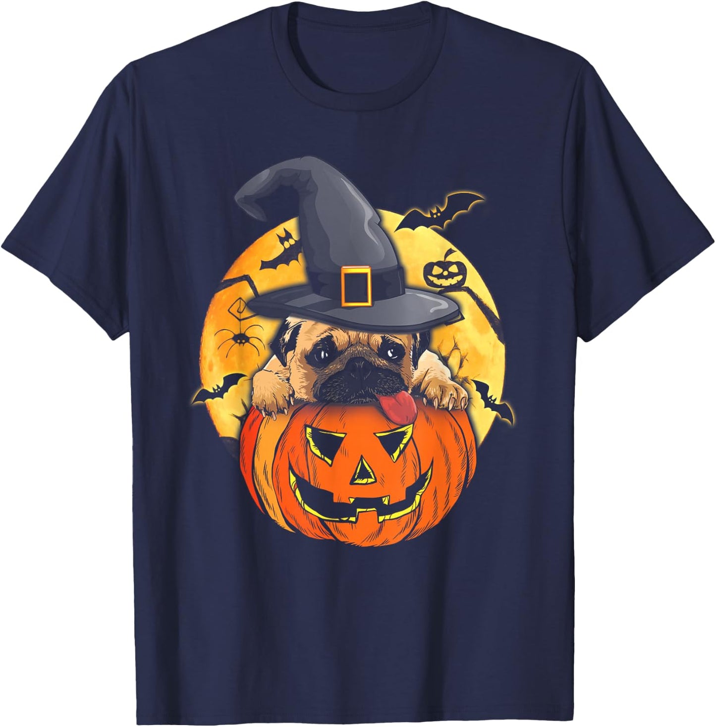 Halloween Pug Dog Witch Hat Pumpkin Pugkin Pug Dog Lovers T-Shirt - T-Shirt | Navy