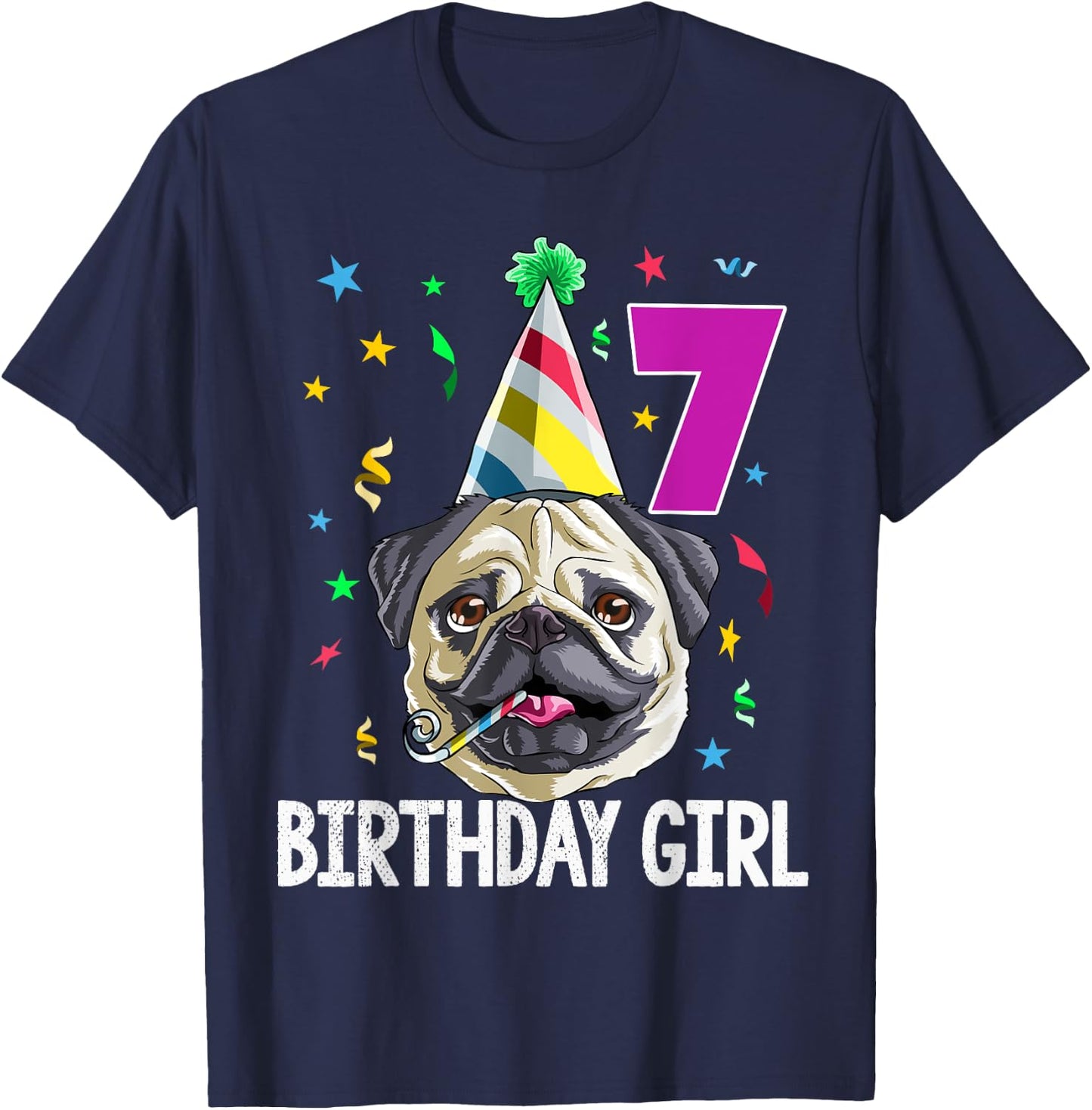 Pug Birthday Girl 7th 7 T Shirt Kids Girls Gift Party T-Shirt - T-Shirt | Navy