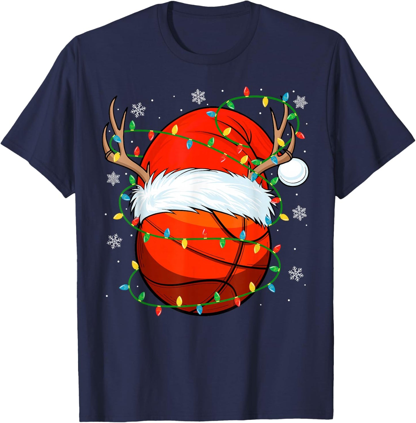 Santa Basketball Ball Xmas Lights Christmas Basketball T-Shirt - T-Shirt | Navy