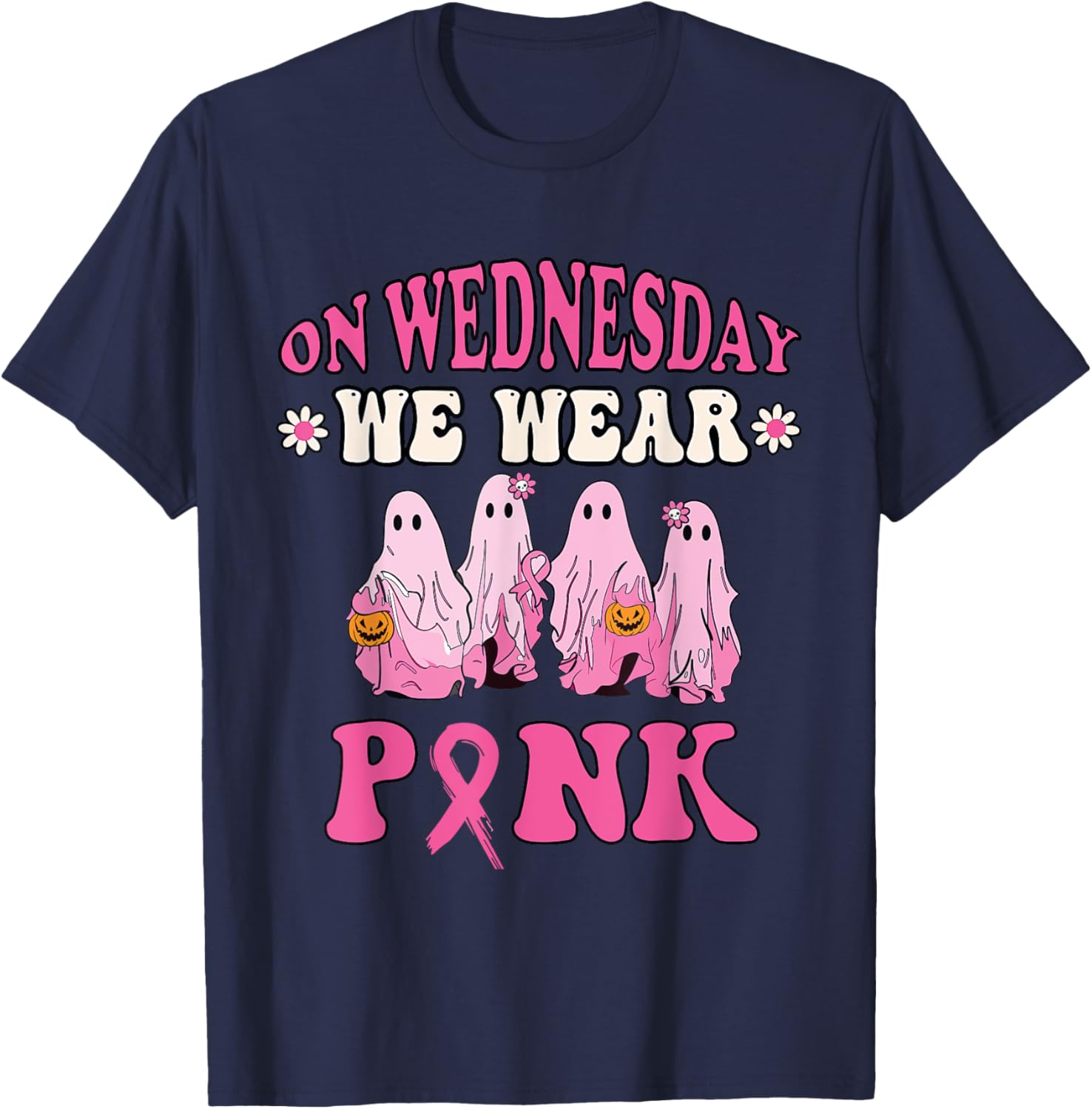 On Wednesday We Wear Pink Cute Ghost Halloween Breast Cancer T-Shirt - T-Shirt | Navy