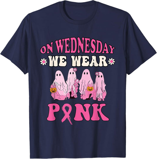 On Wednesday We Wear Pink Cute Ghost Halloween Breast Cancer T-Shirt - T-Shirt | Navy