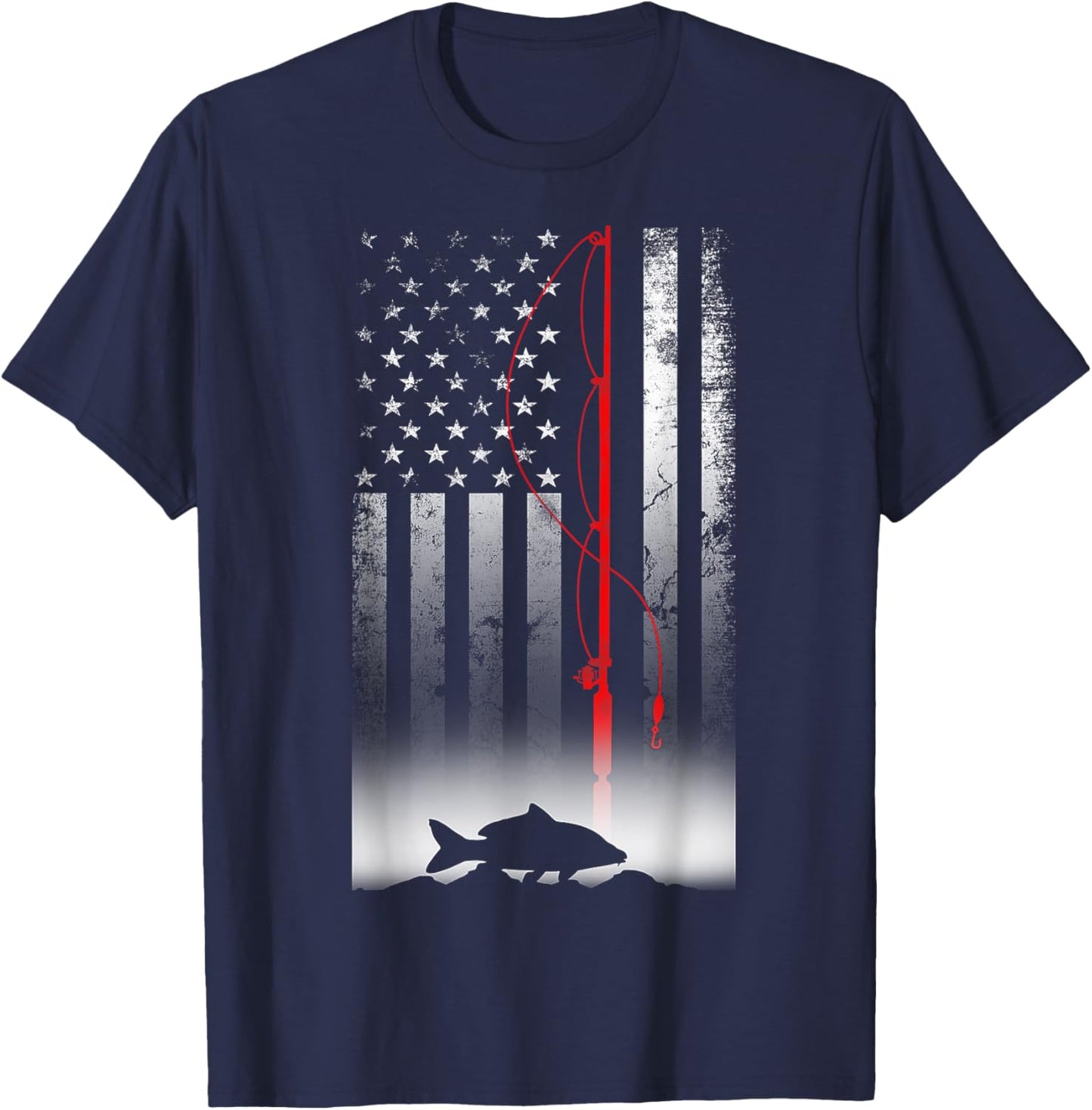 Fishing Pole American Flag Gift Patriotic Fisherman T-Shirt - T-Shirt | Navy