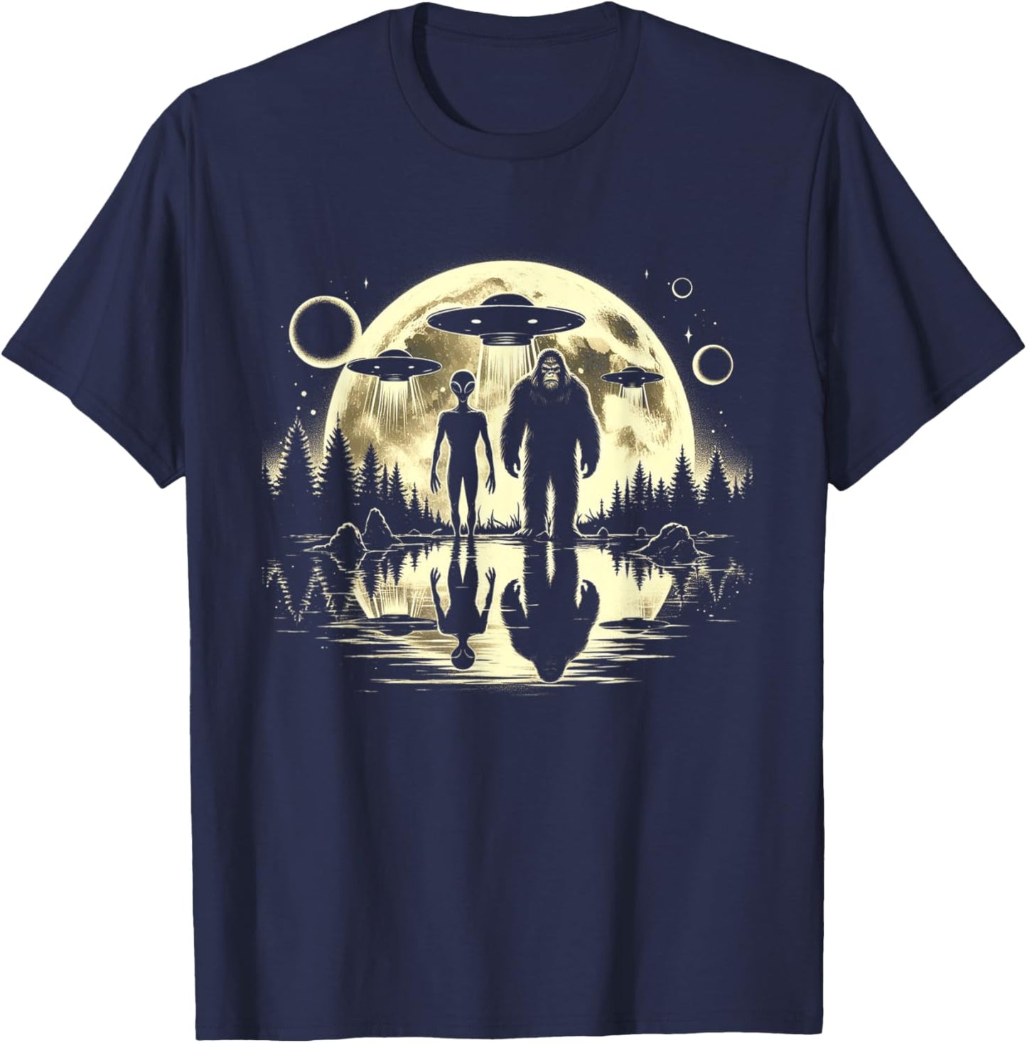 Bigfoot and Alien Moon UFO Extraterrestrial Sasquatch Gifts T-Shirt - T-Shirt | Navy