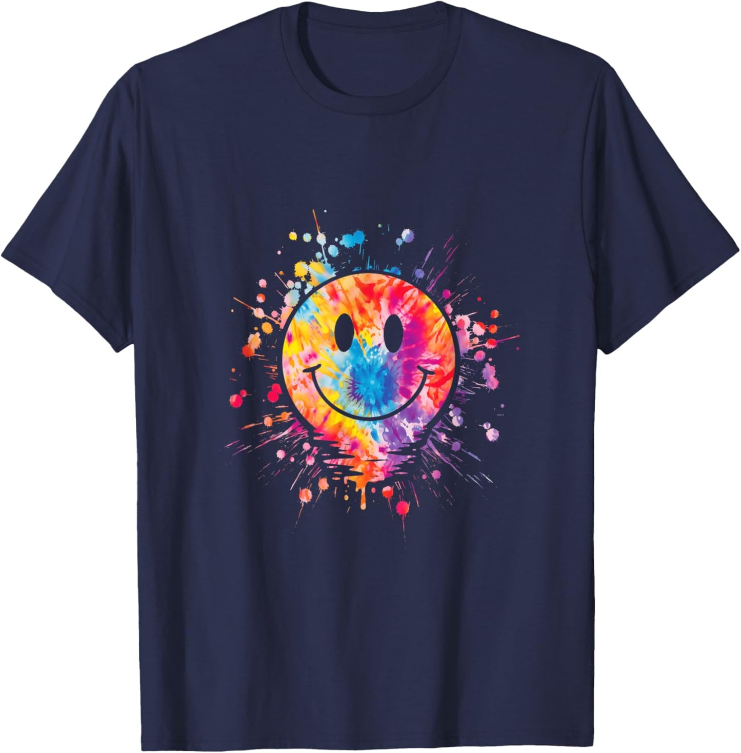 Retro Happy Face Rainbow Tie Dye Splatter 70s Peace Smile , Black, S T-Shirt - T-Shirt | Navy