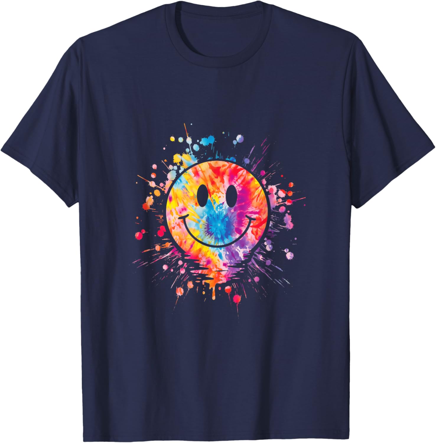 Retro Happy Face Rainbow Tie Dye Splatter 70s Peace Smile , Black, S T-Shirt - T-Shirt | Navy