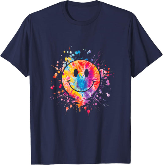 Retro Happy Face Rainbow Tie Dye Splatter 70s Peace Smile , Black, S T-Shirt - T-Shirt | Navy