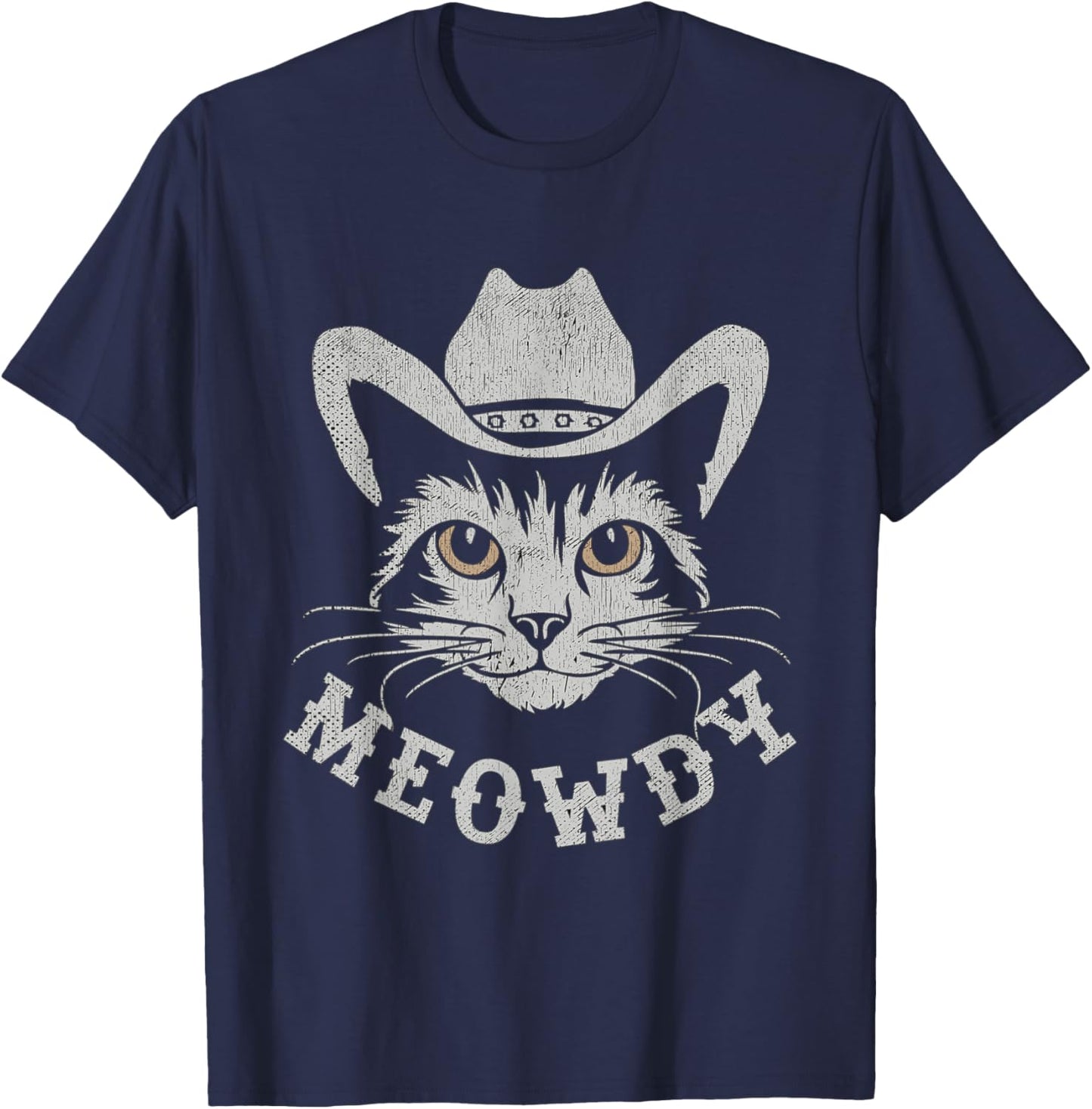 Retro Cowboy Hat Farmer Gifts For Cowgirls Cowboys Meowdy Cat Horse Rider Men Women Kids T-Shirt - T-Shirt | Navy