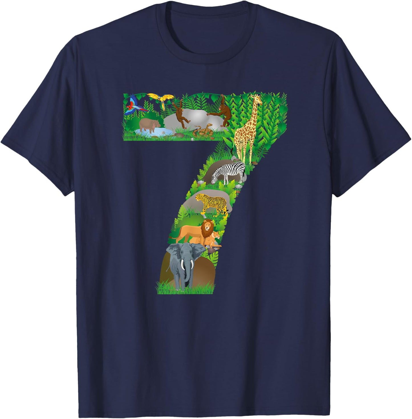 Safari Jungle Zoo Theme Animals Seventh Birthday number 7 T-Shirt - T-Shirt | Navy