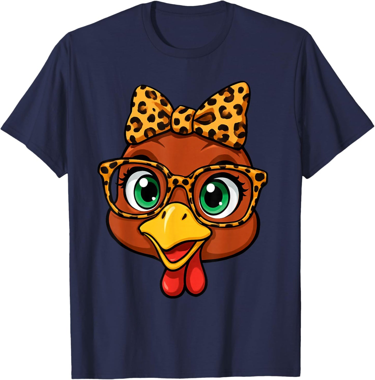 Thanksgiving Turkey Face Leopard with Glasses Bow Women Girl T-Shirt - T-Shirt | Navy
