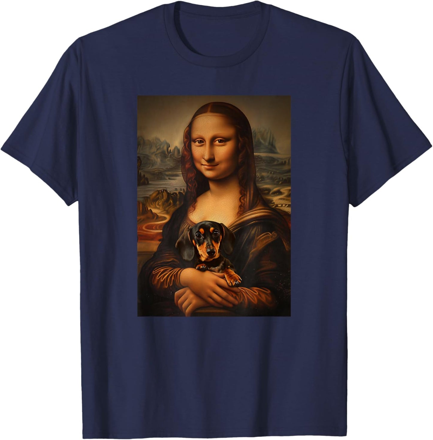 Dachshund Doxie Mona Lisa Painting Art Dog Mom Dad T-Shirt - T-Shirt | Navy