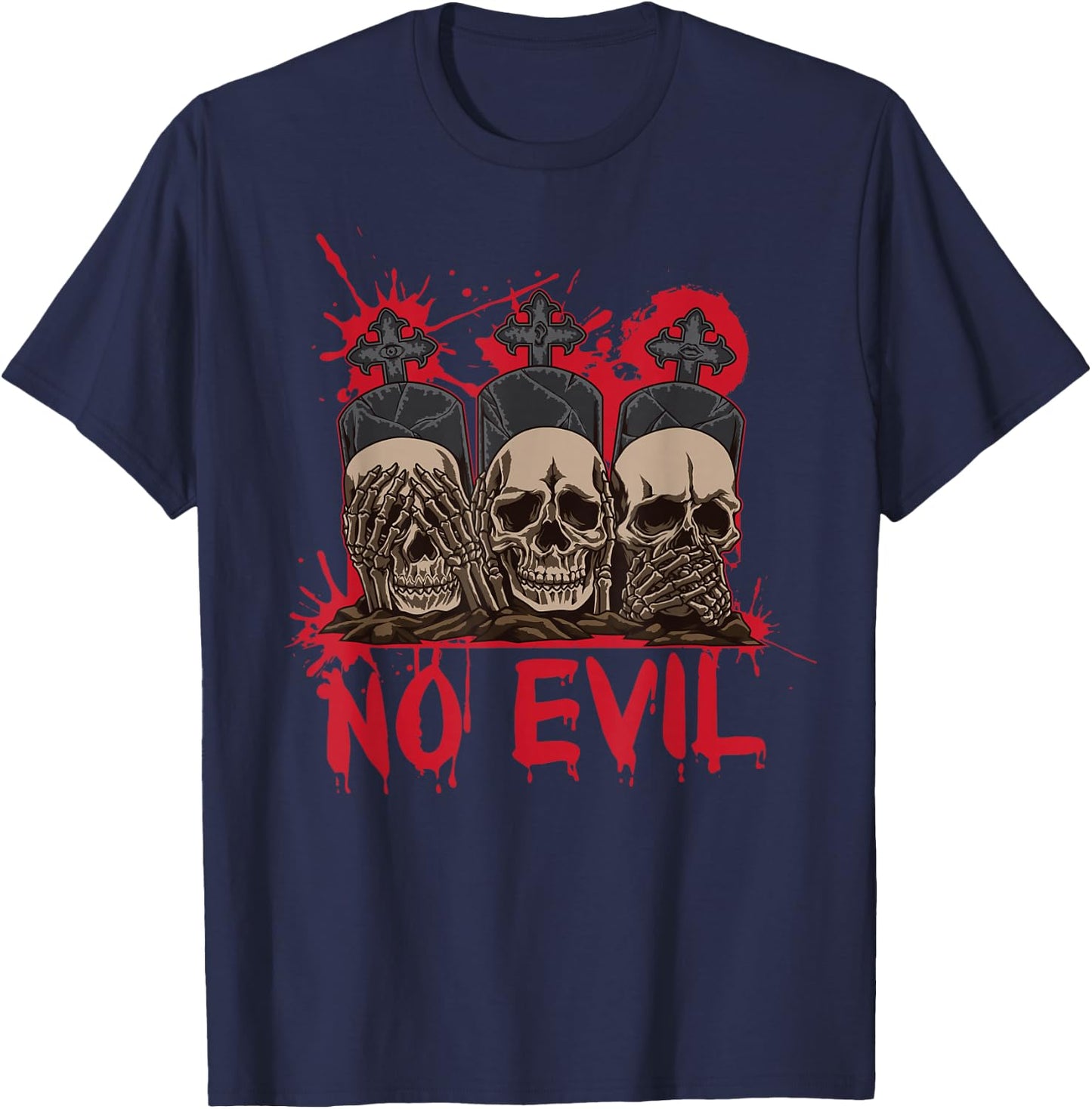 See Speak Hear No Evil Skulls Halloween Bloody Damage T-Shirt - T-Shirt | Navy