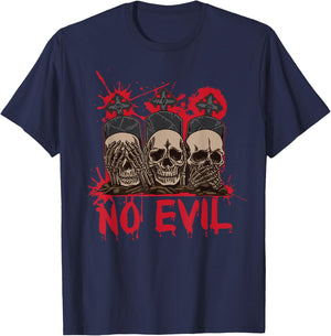 See Speak Hear No Evil Skulls Halloween Bloody Damage T-Shirt - T-Shirt | Navy
