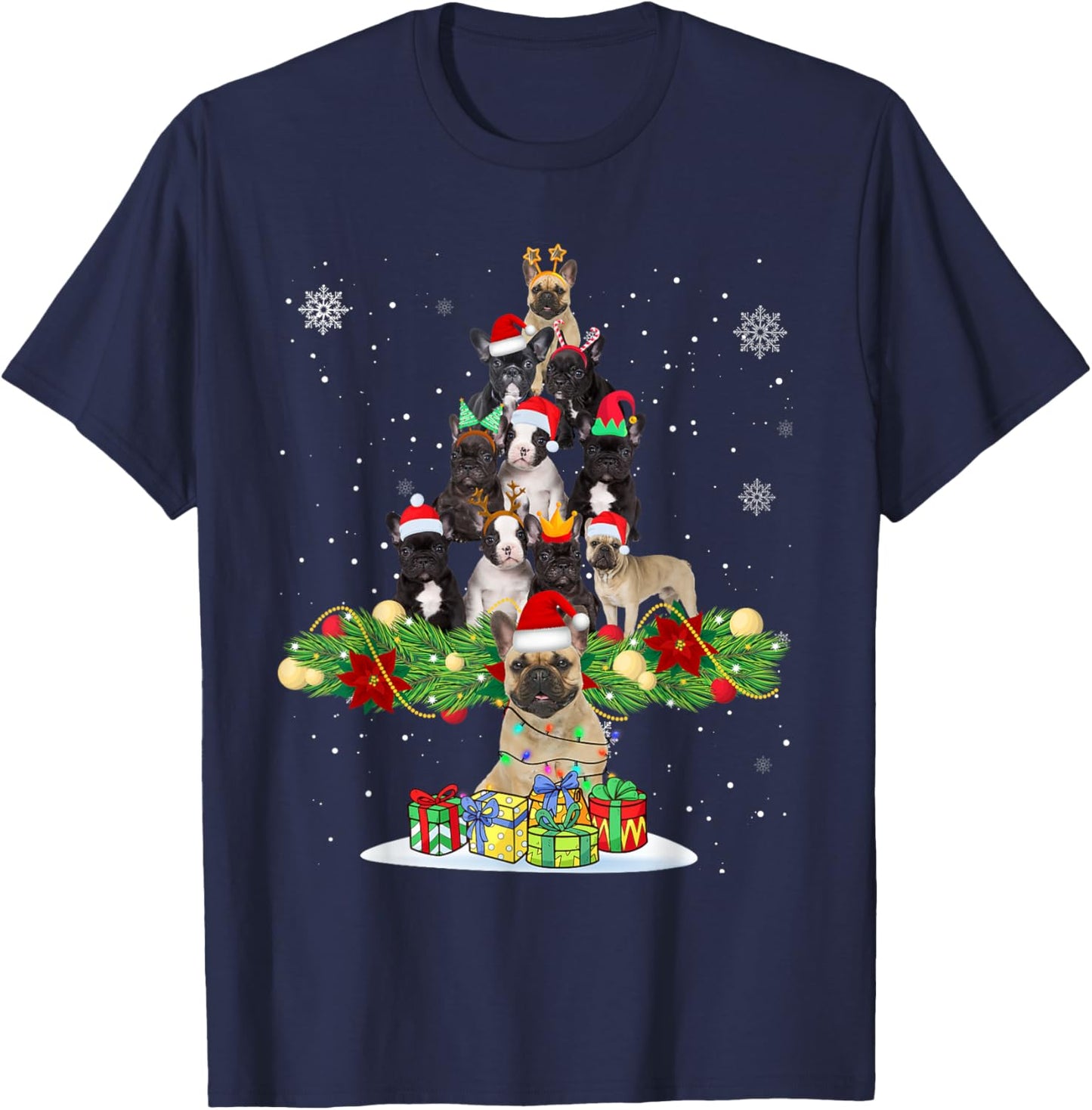Ugly Sweater Christmas Tree French Bulldog Dog Xmas Lights Men Women Kids T-Shirt - T-Shirt | Navy