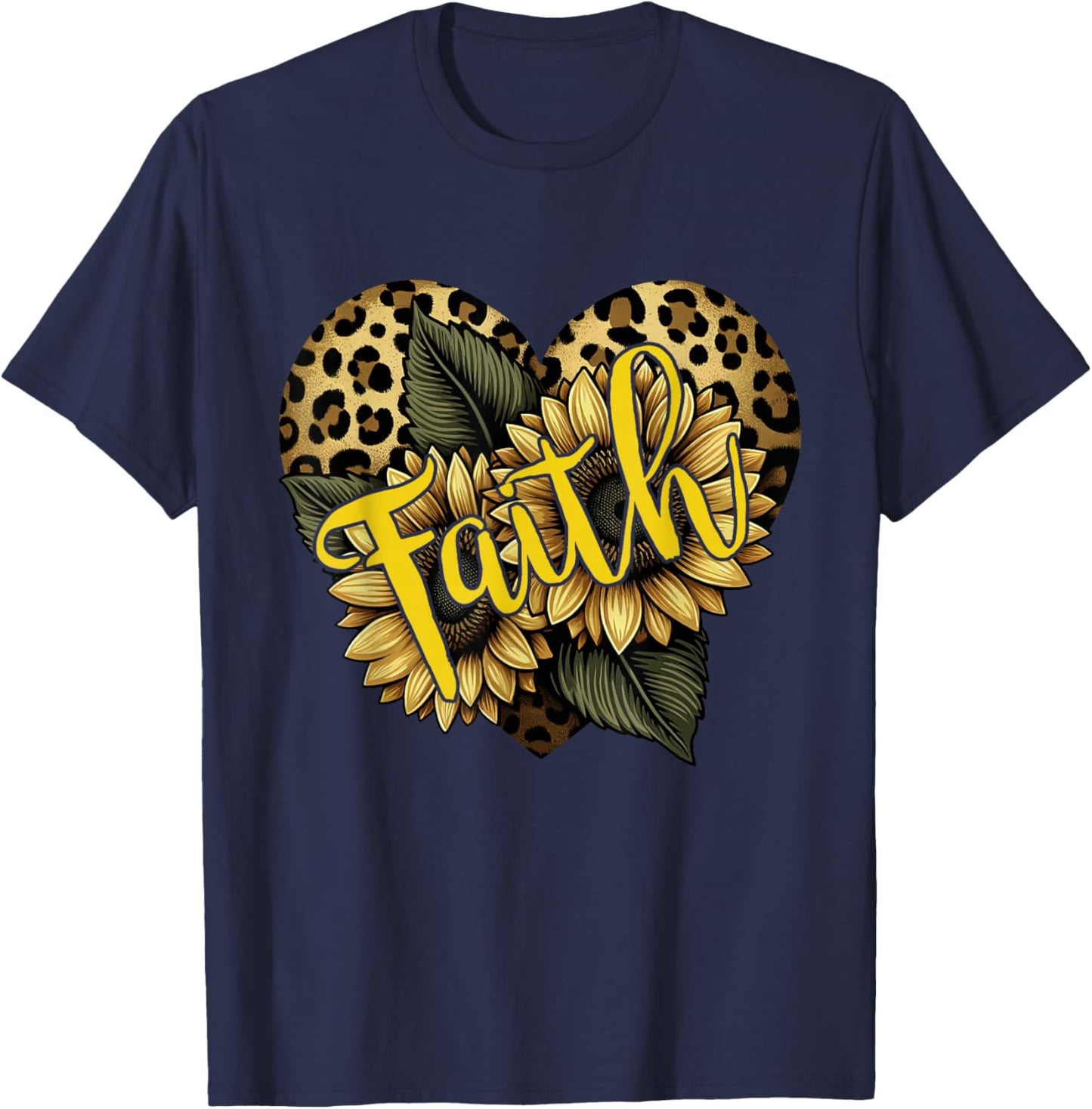 Faith Leopard Cheetah Print Heart Sunflower Christian Faith T-Shirt - T-Shirt | Navy