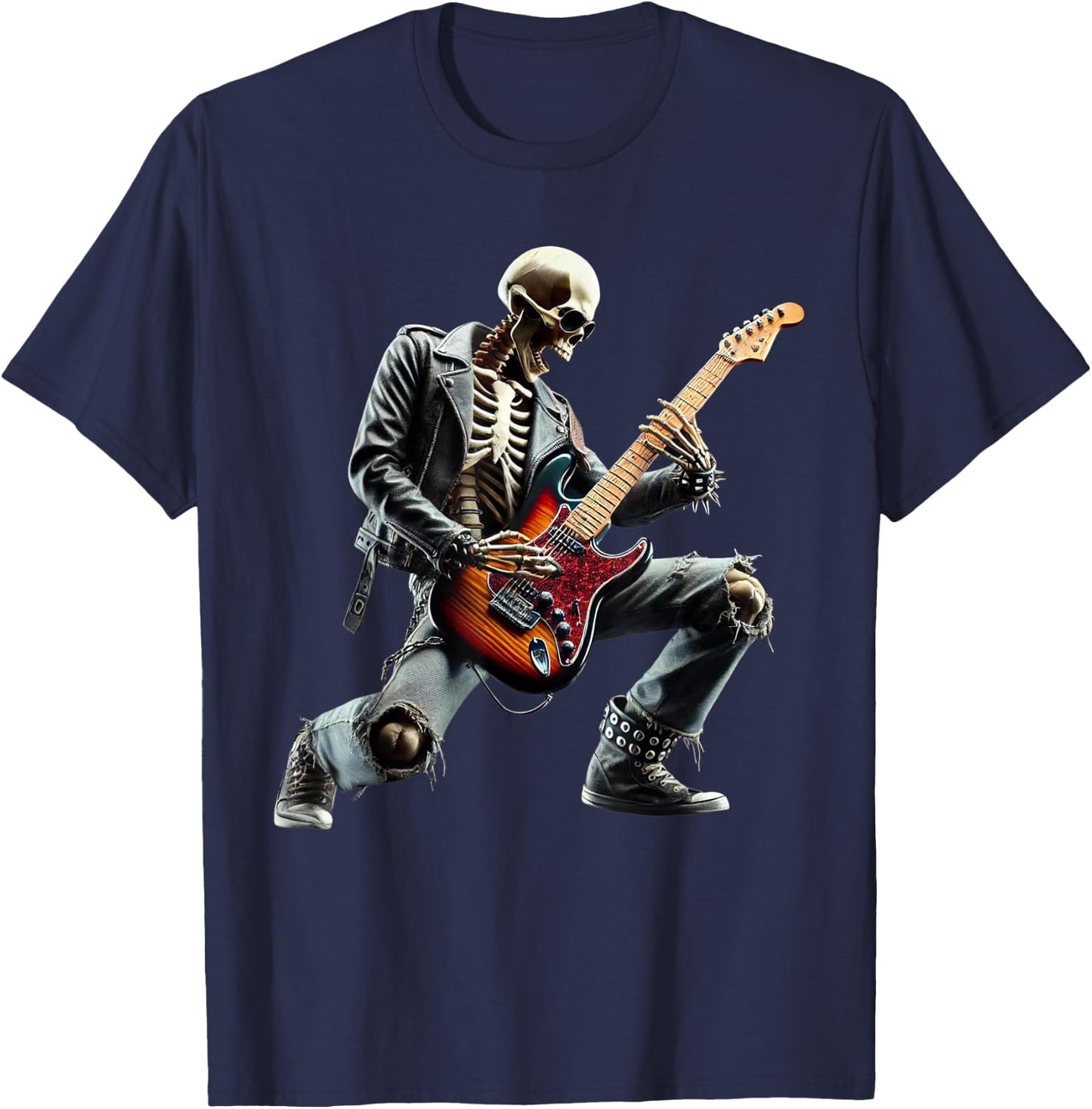 Skeleton Playing Guitar Rock Star Ghost Solo Guitar T-Shirt - T-Shirt | Navy