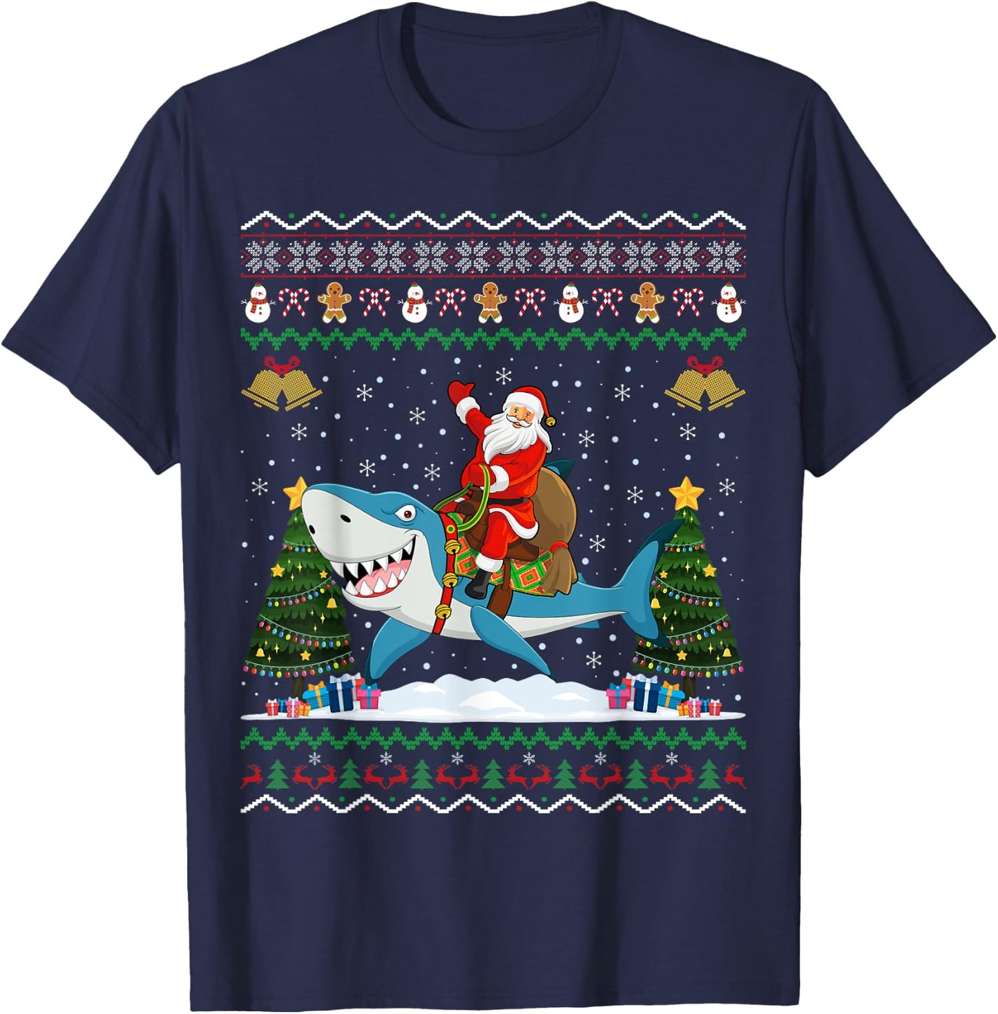 Shark Ugly Xmas Gift Santa Riding Shark Christmas T-Shirt - T-Shirt | Navy