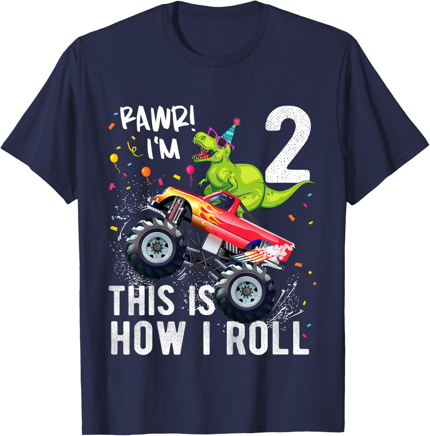 Kids T Rex Dinosaur Monster Truck 2nd Birthday Boys and Girls T-Shirt - T-Shirt | Navy