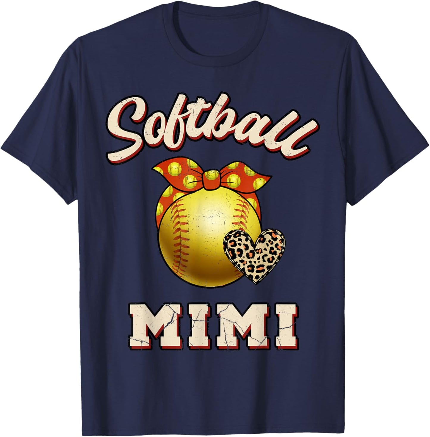 Softball Mimi Leopard Heart Fans Mother's Day Gift T-Shirt - T-Shirt | Navy