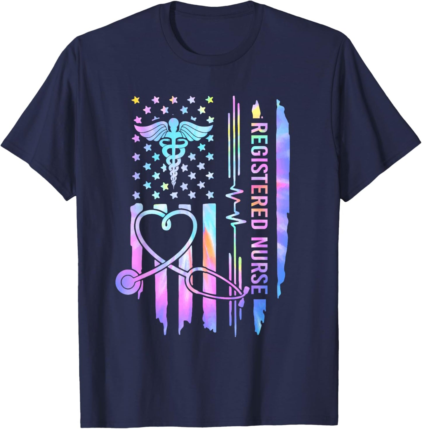 Tie Dye Registered Nurse RN EKG Stethoscope Nursing USA Flag T-Shirt - T-Shirt | Navy