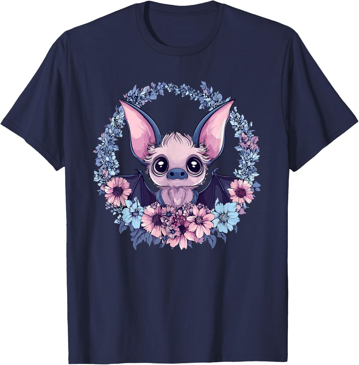 Adorable Bat Surrounded By Beautiful Flowers T-Shirt - T-Shirt | Navy