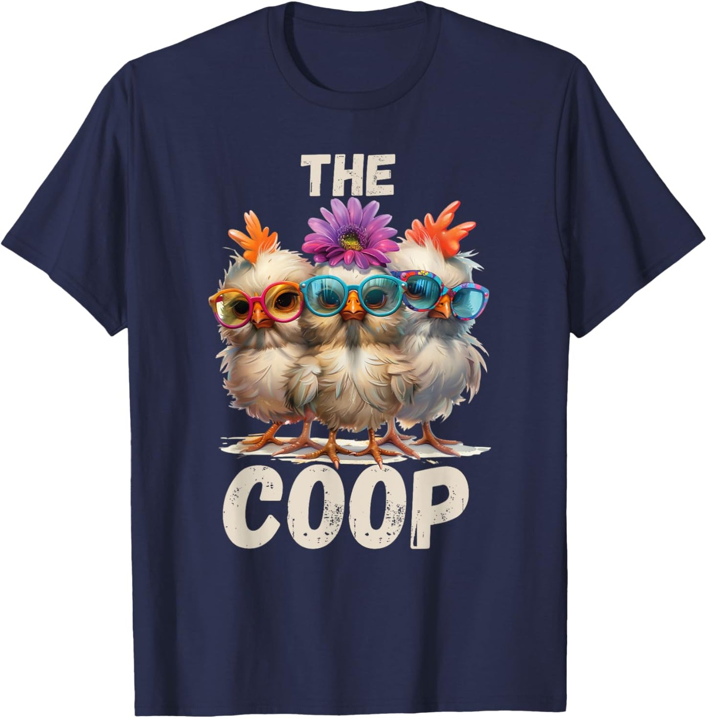 Rustic Charm by Steel Living Ultd. The Coop Chicken Trio - -Adults, Black, Small, Short Sleeve T-Shirt - T-Shirt | Navy