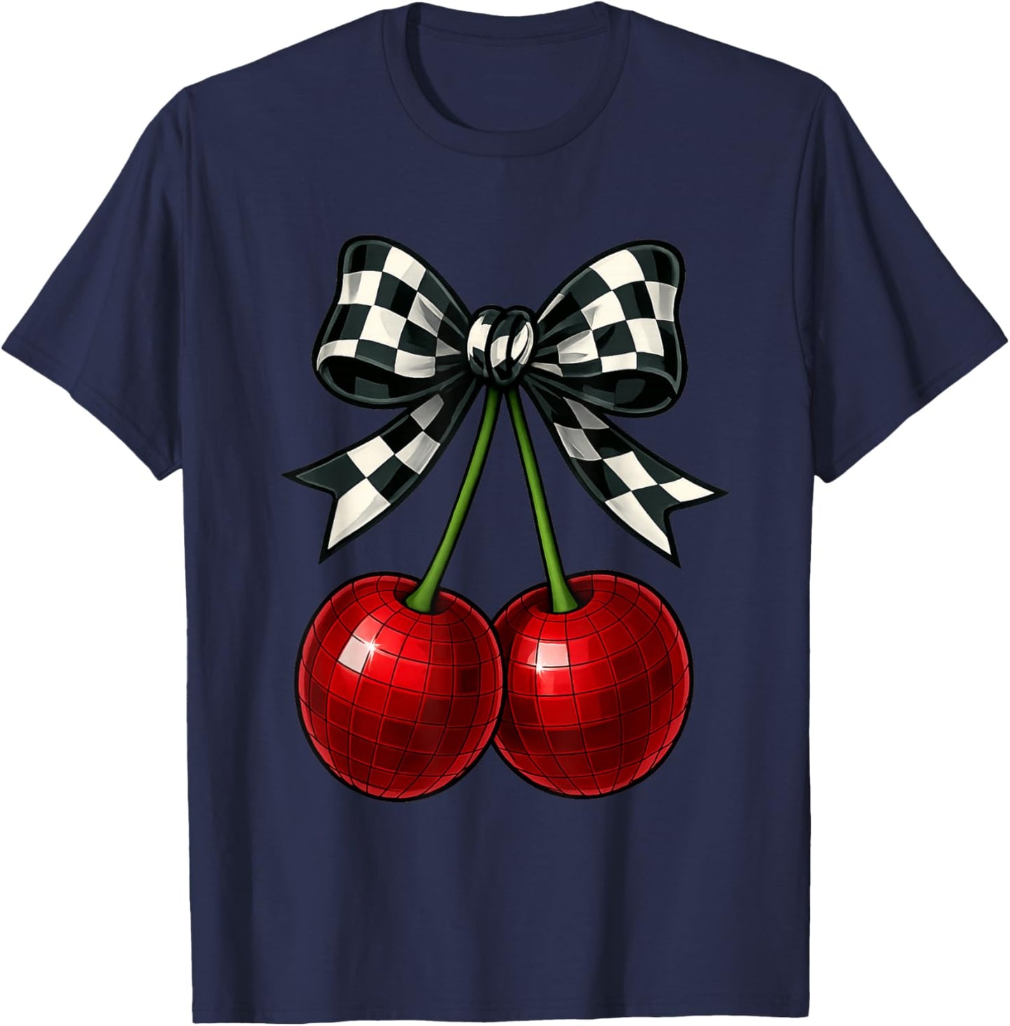 Coquette Cherry Checkered Ribbon Bow Women Girls T-Shirt - T-Shirt | Navy