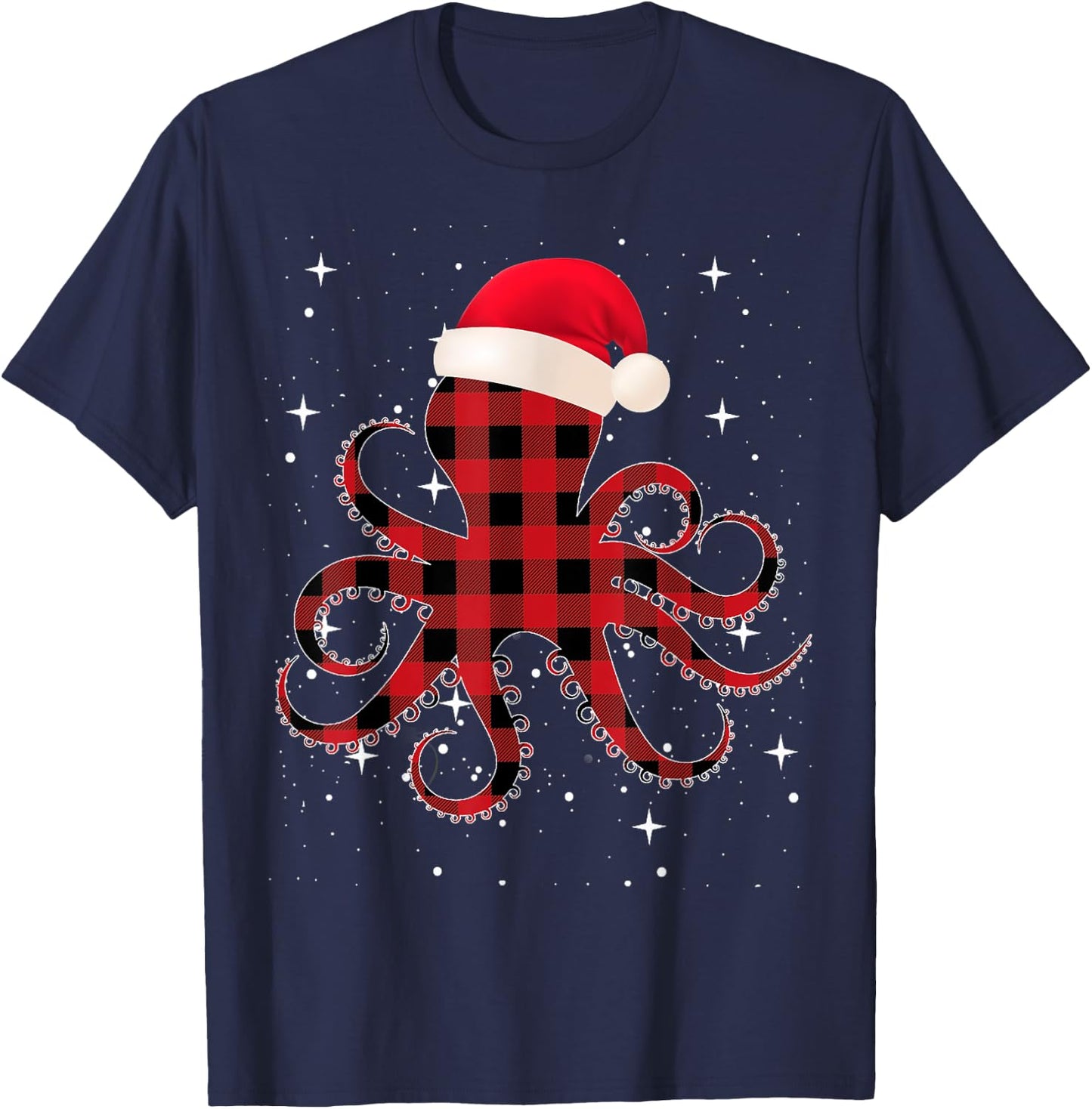 Pajamas Red& Black Plaid Flannel Christmas Octopus Santa Hat T-Shirt - T-Shirt | Navy