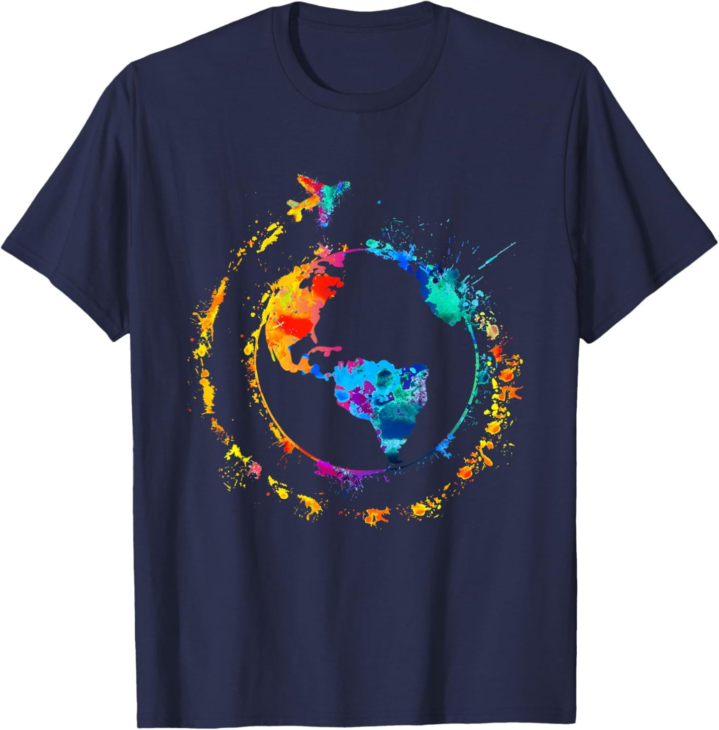 Artistic Earth Watercolor Travel World Traveling Colorful T-Shirt - T-Shirt | Navy