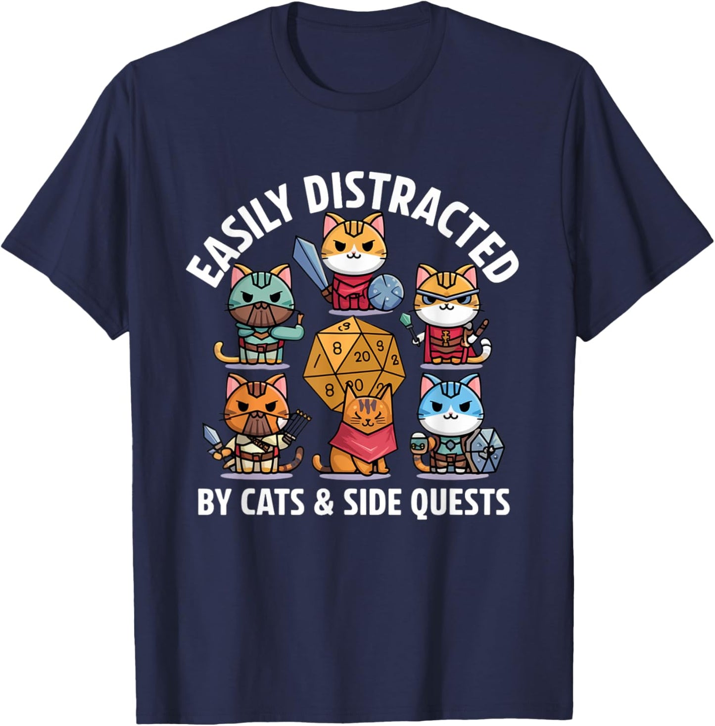 Easily Distracted By Cats and Side Quests T-Shirt - T-Shirt | Navy